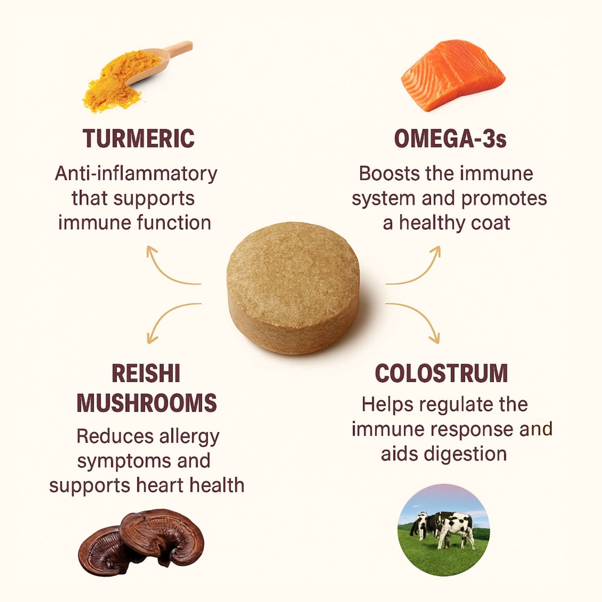 Soft chew close-up with ingredient callouts: Turmeric, Omega-3s, Reishi Mushrooms, Colostrum