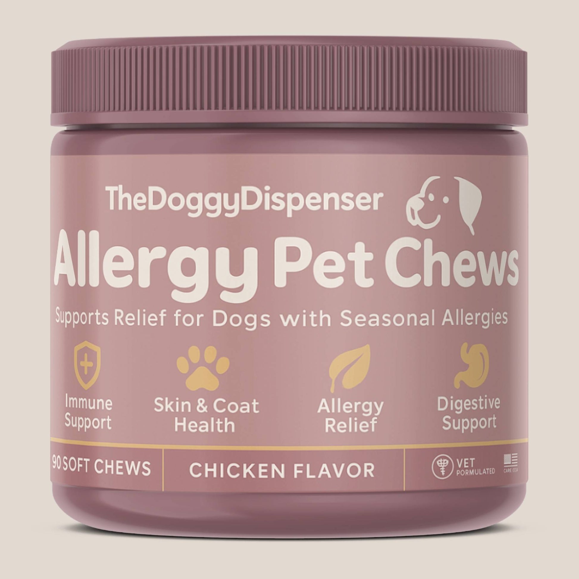Allergy Pet Chew™ jar label—Skin+Gut Sync™ dual-action allergy & immune support.