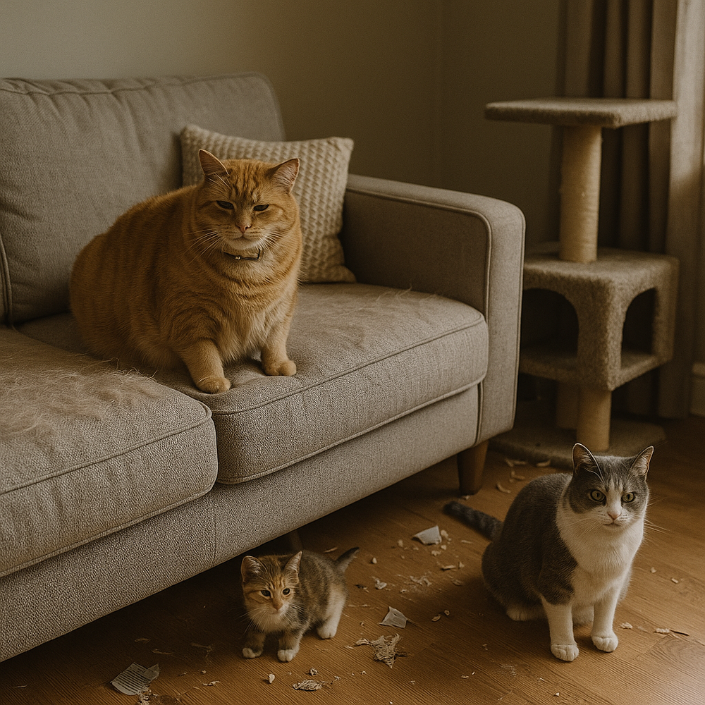 Messy living room with restless cats and scratched furniture