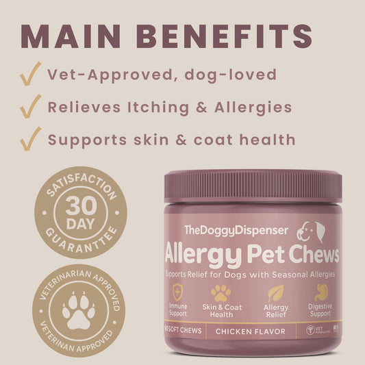 Main benefits for Allergy Pet Chew™ Skin+Gut Sync™—itch relief, skin barrier, gut health, vet-approved.