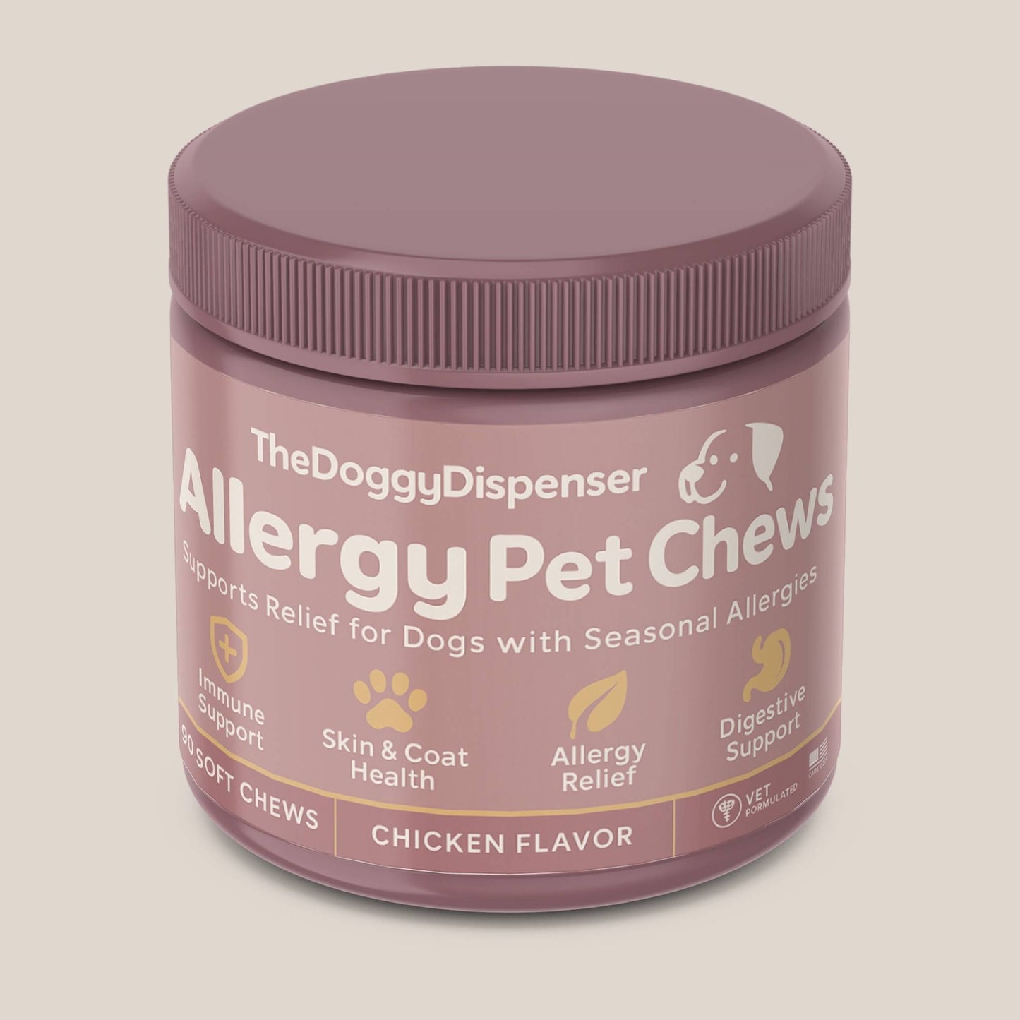 Single jar hero with soft chews—chicken-free allergy relief supplement for dogs.
