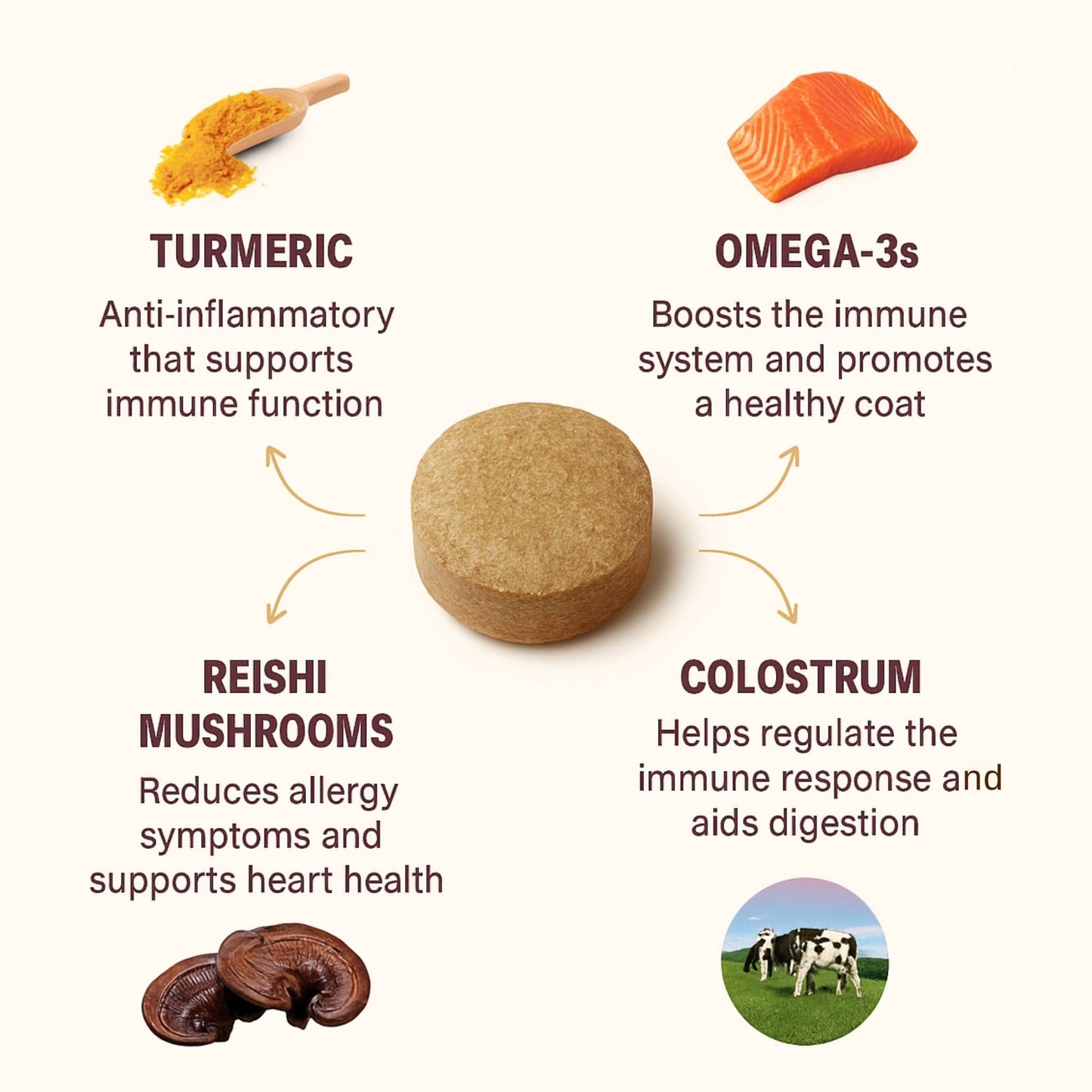 Soft chew close-up with ingredient callouts: Turmeric, Omega-3s, Reishi Mushrooms, Colostrum