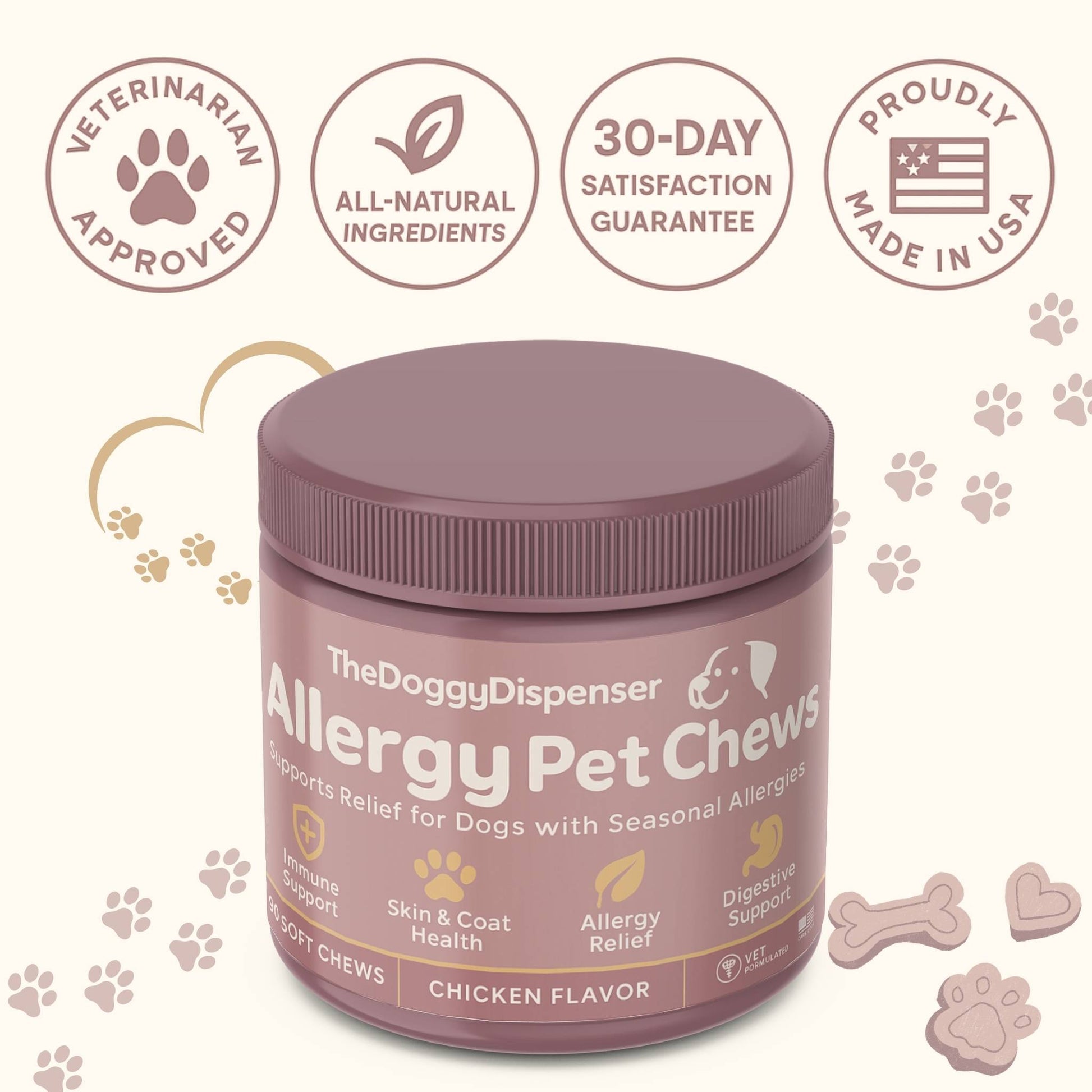Benefits icon grid—dual-action itch support, immune balance, skin & coat health for dogs.