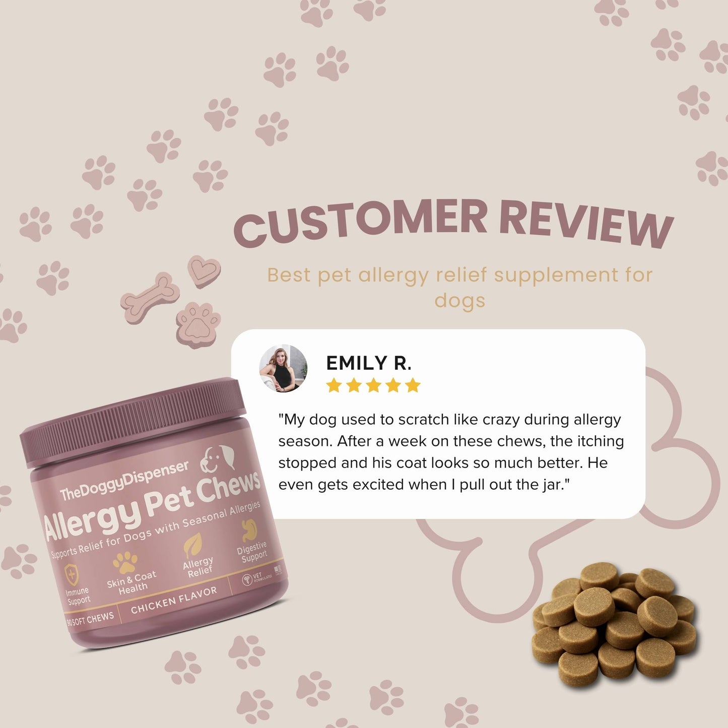 Customer review card praising faster itch relief and shinier coat.