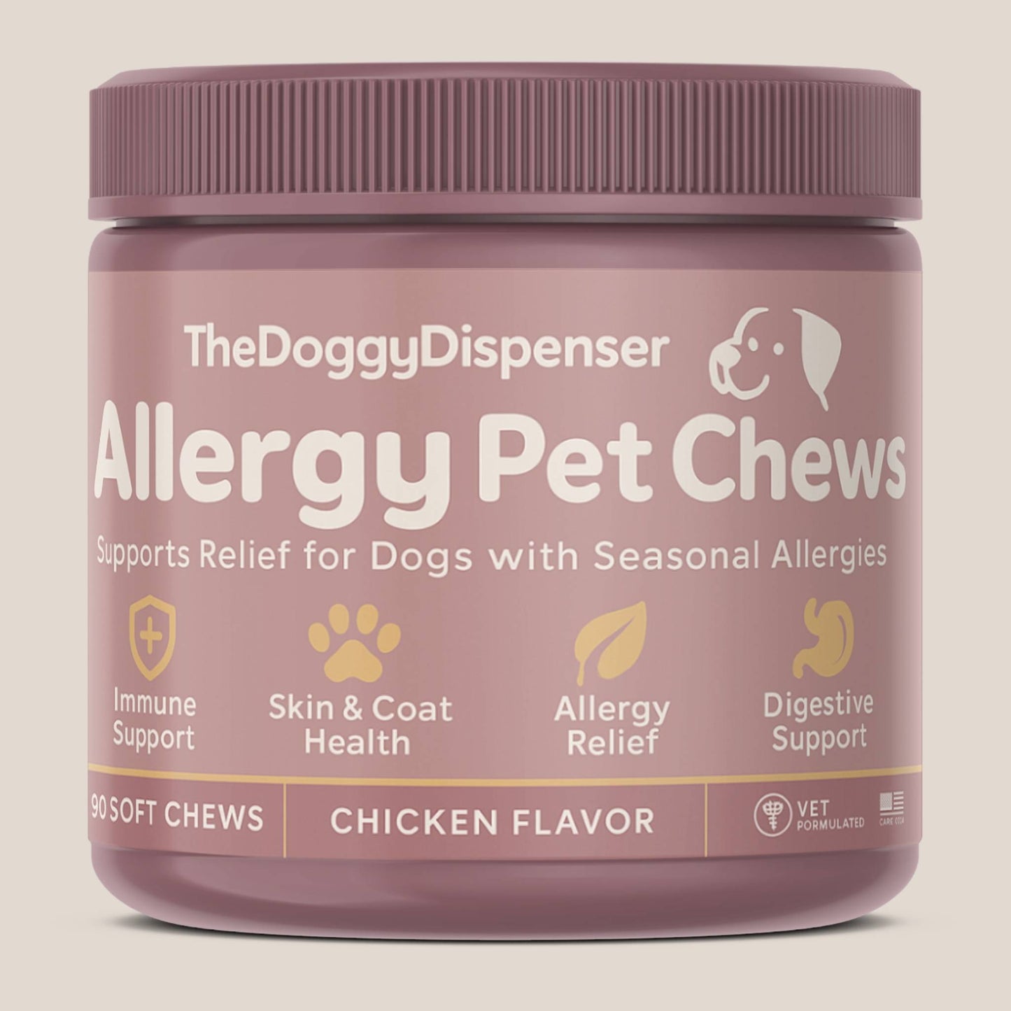 Allergy Pet Chew™ jar label—Skin+Gut Sync™ dual-action allergy & immune support.